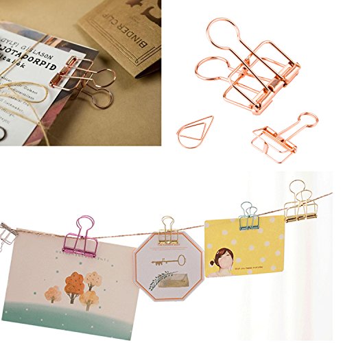 18 Rose Gold Wire Binder Clips and 20 Cute Paper Clips,VENCINK Assorted Size 2 Big 6 Medium 10 Small Smooth Hollow Photo Clips for Office Paper Document Organizing (18 Binder Clips + 20 Paper Clips) - Thumbnail 2
