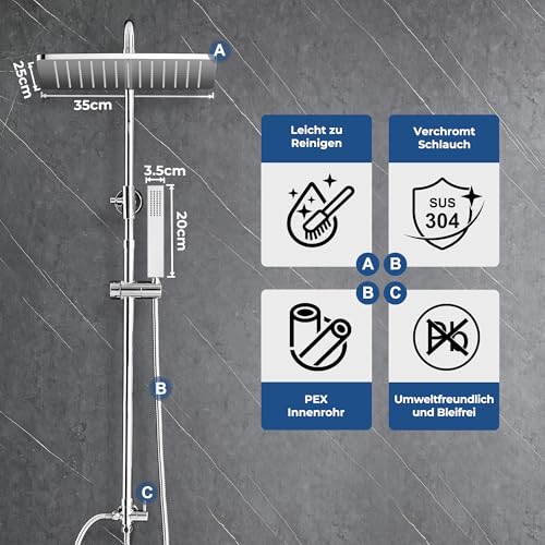 Görbach Stainless Steel Shower System without Taps, Chrome Rain Shower Set, Water Saving, Height Adjustable Shower Rail 74-114 cm, Shower Head XXL 35 x 25 cm