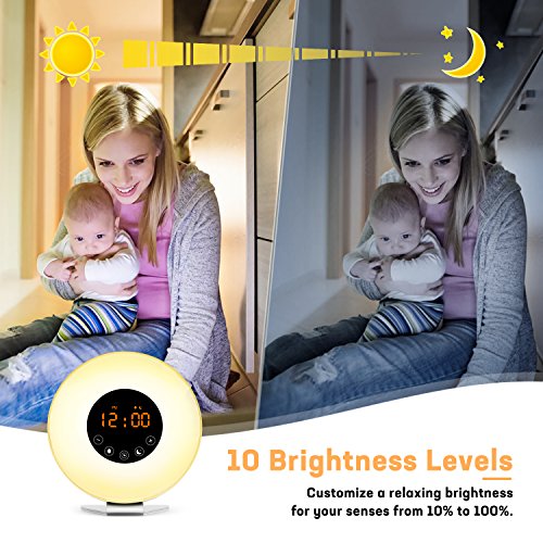 Wake Up Light Alarm Clock with Sunrise Sunset Simulation[2018 New Arrival] Include 6 Natural Sounds/FM Clock Radio/10 Brightness Levels/7 Colors Night Light/Snooze Function - Thumbnail 4