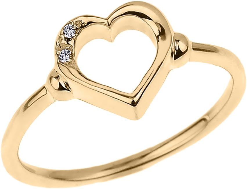 Fine 10k Yellow Gold Dainty Band 2-Stone Diamond Open Heart Ring