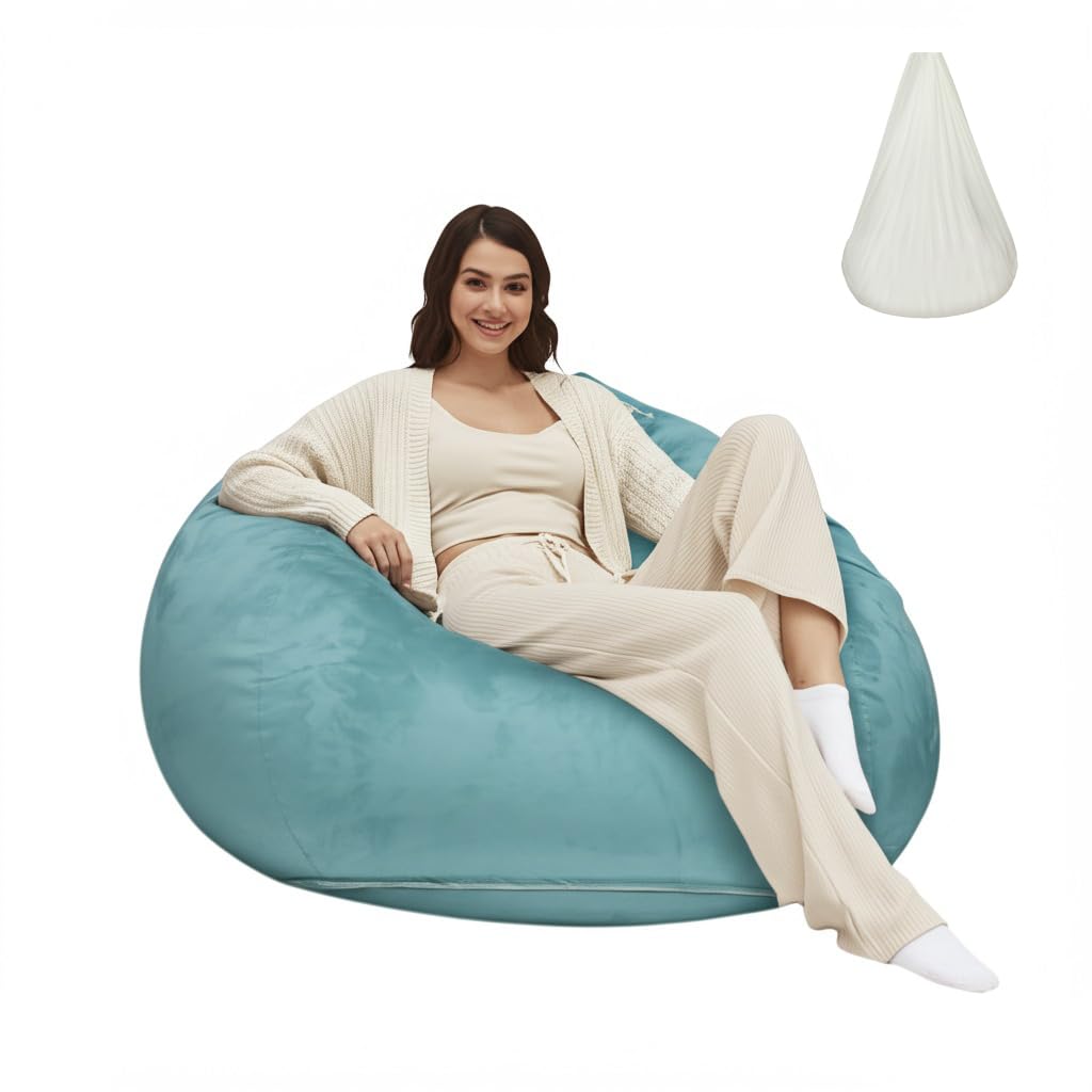 Photo 1 of Tusrai Bean Bag Cover with Liner Only Ultra Soft Stretch Velvety 90% Microfiber Suede Bean Bag Chair Cover for Adult Pear Style Removable Large Luxurious 3ft (No Filler) -Teal