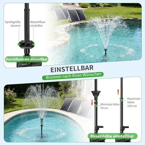 POPOSOAP 120W Solar Pond Pump, Solar Fountain with Adjustable Flow Rate 6000L/H, DC Water Pump, Dual Solar Panel, 3 Nozzles for Garden Ponds, Water Garden