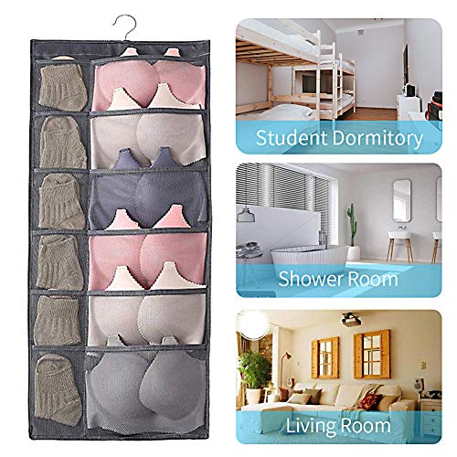 Hanging Closet Organizer, Dual-Sided 30 Pockets Wall Shelf Wardrobe Storage Bags for Underwear, Stocking, Bra and Sock, Mesh Pocket with Metal Hanger - Gray - Thumbnail 6