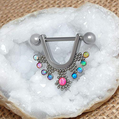 Nipple Shield Ring 14g - 316L Stainless Steel Nipple Bar - Nipple Barbell with Opal - Drop Nipple Ring - Fashion Piercing Jewelry