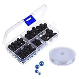 eBoot 300 Pieces Lava Stone Black Round Loose Beads and 4 Pack Blue Beads with Crystal Thread String for DIY Bracelet and Necklace