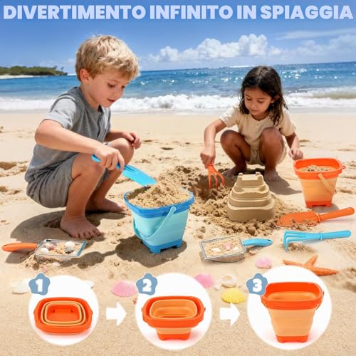 Dreamon Giochi Spiaggia Bambini Set 3 4 5 Anni con Secchiello Spiaggia Bambini Pieghevole Sacco a Rete Setaccio per La Sabbia Pala e Rastrello Giocattoli Regalo Esterno per Bambini e Bambine