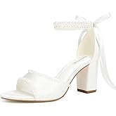 Pearl Heels Wedding Shoes for Bride Block Heel Bridal Shoes Women's Heeled Sandals