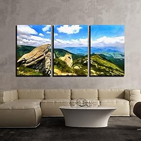 3 Piece Canvas Wall Art - The Works in The Style of Watercolor Painting. Mountain Landscap - Modern Home Art Stretched and Framed Ready to Hang - 16"x24"x3 Panels