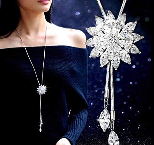 Women Alloy Pendant Rhinestone Long Chain Sweater Necklace