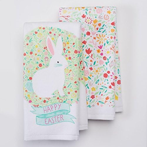Happy Easter Kitchen Dish or Bathroom Towels 2 Pack Featuring an Adorable White Bunny