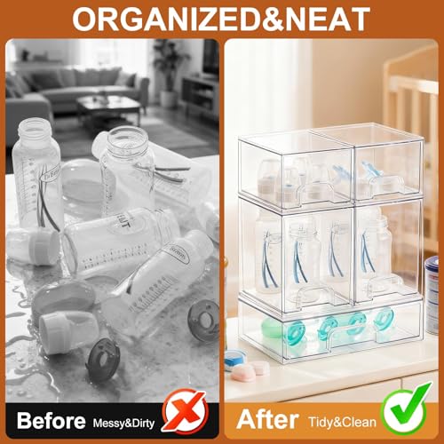 GOGOBAO Baby Bottle Organizer - 5 Pack Stackable Clear Drawers with Labels, Baby Storage Solution Container for Countertop, Cabinet, Bathroom, Pantry, Vanity
