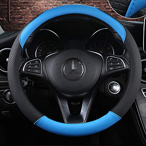 Evevik Leather Auto Car Steering Wheel Cover 38cm, Durability, Safety, Breathable, Anti-Slip, Warm in Winter Cool in Summer, Universal 15 Inches(Black Blue)