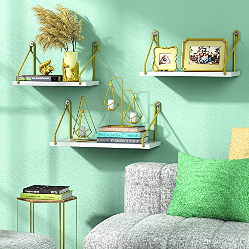White Floating Shelves Wall Mounted Set of 3, Golden Metal Brackets