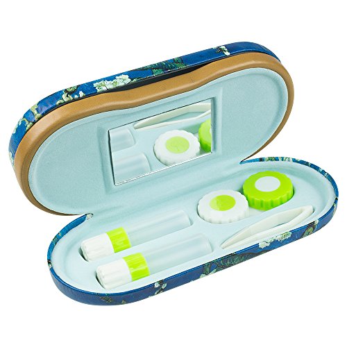 Dual Glasses and Contacts Case - Double Sided 2 in 1 Clamshell Hard Case for Eyeglasses and Contact Lenses with Mirror - Blue with Tree Print and Matte Finish - By OptiPlix