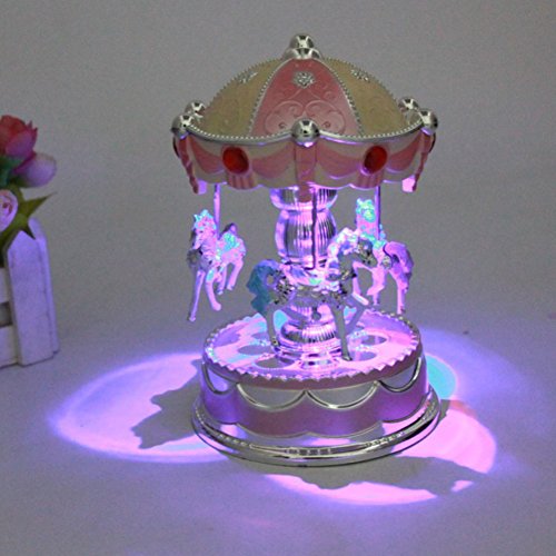 xxiaoTHAWxe LED Glowing Merry-Go-Round Carousel Music Box Kids Toy Christmas Birthday Gift - Pink - Thumbnail 4