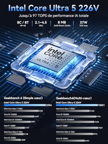 GMKtec K17 AI Mini PC, Intel Core Ultra 5 226V (jusqu'à 4,5 GHz), 16 Go LPDDR5X 8533 MT/s, SSD 512 Go PCIe 4.0, 97 TOPs IA, Intel Arc 130V, Double M.2 (Gen5+Gen4), USB4, Triple affichage 8K, WiFi 6E