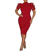 Annystore Women's Mesh See Through Sheer Dress Short Puff Sleeve Bodycon Dress Mock Neck Sexy Club Party Midi Dress Clubwear