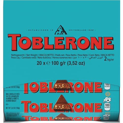 TOBLERONE MILK CHOCOLATE BAR WITH SALTED CARAMELIZED ALMONDS AND HONEY AND ALMOND NOUGAT, BULK CHOCOLATE, 20 – 3.52 OZ BARS