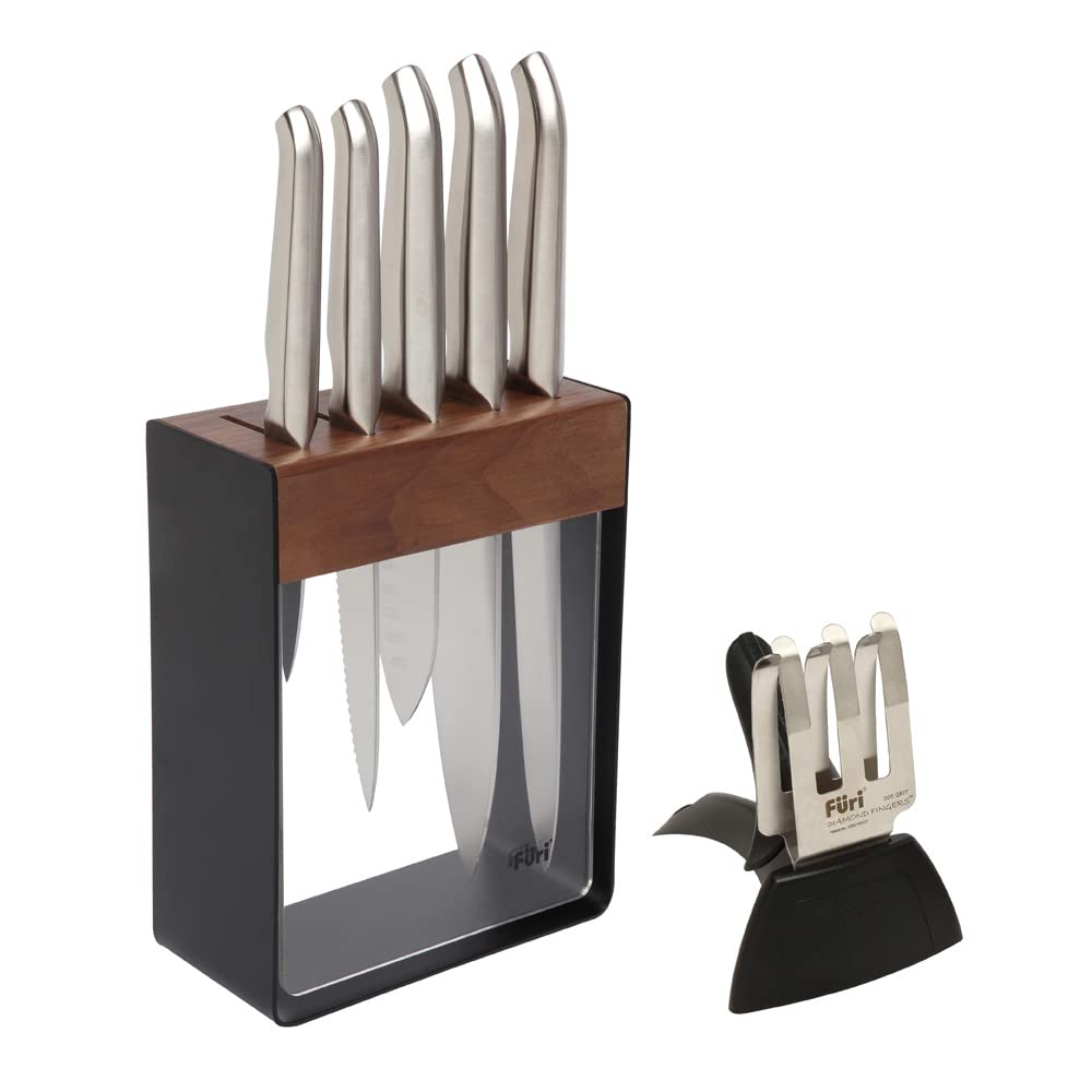 Furi Pro Black Steel Knife Block Set 7 pc, Knife Block with Five Premium Knives and Sharpener for a Superior Cutting Performance, Stainless Steel Blades, Ergonomic Reverse-Wedge, Anti-Fatigue Handle