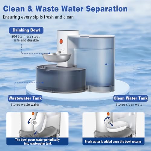 3.8L Cat Fountain without Cable: Automatic Cat Drinker Without Filter and Wireless with Battery 2000mAh Used Water Separation System Stainless Steel Bowl White