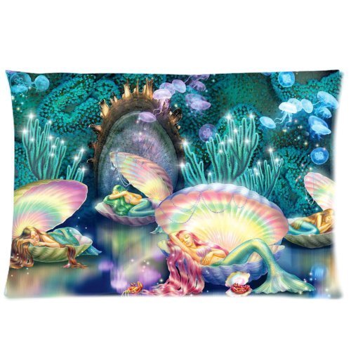 Wonderful Underwater World Beautiful Mermaid Seashell Art Throw Pillow Case Zippered Pillow Cover Home Sofa Decorative 20"x 30" Inch (Twin Sides)