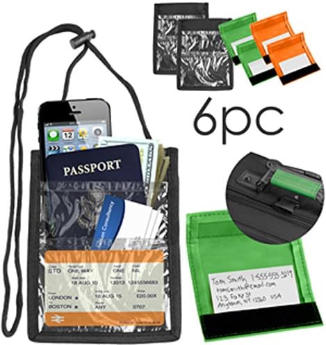 Travel Neck Wallet and Passport Holder Set of 2 Plus 4 Baggage Identifiers