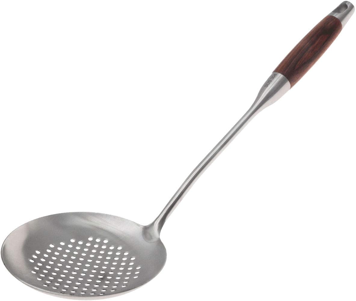 Skimmer Slotted Spoon,304 Stainless Steel Slotted Spoon with Heat Resistant Wooden Handle，Large Kitchen Utensil Cooking Strainer Ladle for Daily Use, 15.5 Inch
