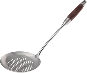 Skimmer Slotted Spoon,304 Stainless Steel Slotted Spoon with Heat Resistant Wooden Handle，Large Kitchen Utensil Cooking Strainer Ladle for Daily Use, 15.5 Inch
