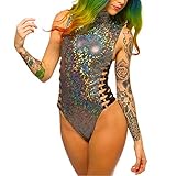Women's Bodysuit Metallic Rave Crop Criss Cross Festival Silver Swimsuit One Piece
