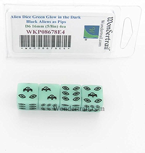 Alien Dice D6 Green Glow in the Dark with Black Aliens 16mm (5/8in) Set of 4 Wondertrail WKP08678E4