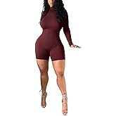 Sprifloral Women's Long Sleeve One Piece Bodycon Short Pants Jumpsuits Rompers High Neck Sexy Tights