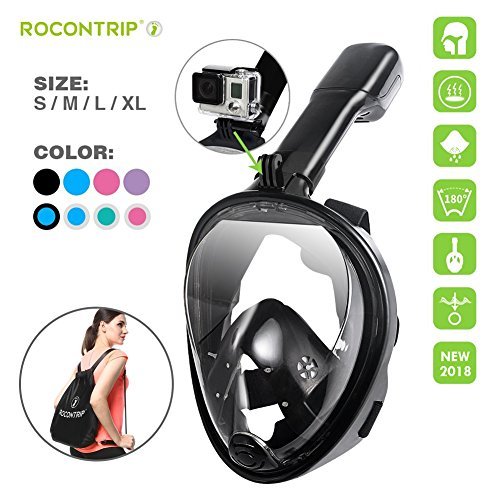 ROCONTRIP Diving mask 180Â°View Snorkel Mask, Panoramic Full Face Design, Anti-Fogging Anti-Leak with Adjustable Head Straps with Longer Snorkeling Tube for Man Woman Adult Youth Kid