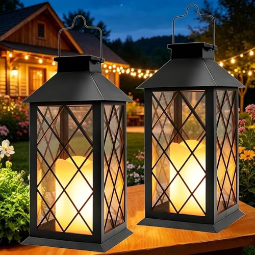 Yowin 2 x 35 cm Large Solar Garden Lantern with Candle, Tempered Glass, Waterproof Table Lamp Hanging Lamp, Solar Outdoor for Balcony Garden – Black