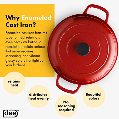 Klee Enameled Cast Iron Casserole Braiser - 3.8 Qt Sauce Pan with Lid - Covered Braiser Pan with Lid - Covered Casserole Dish with Lid - Nonstick Sauce Pan with Cover - 12 Inch Casserole Pan (Red)
