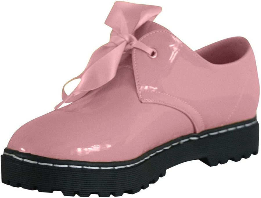 Bright Color Shoe Womens Leather Breathable Round Toe Lace-Up Non-Slip Casual Single Shoes