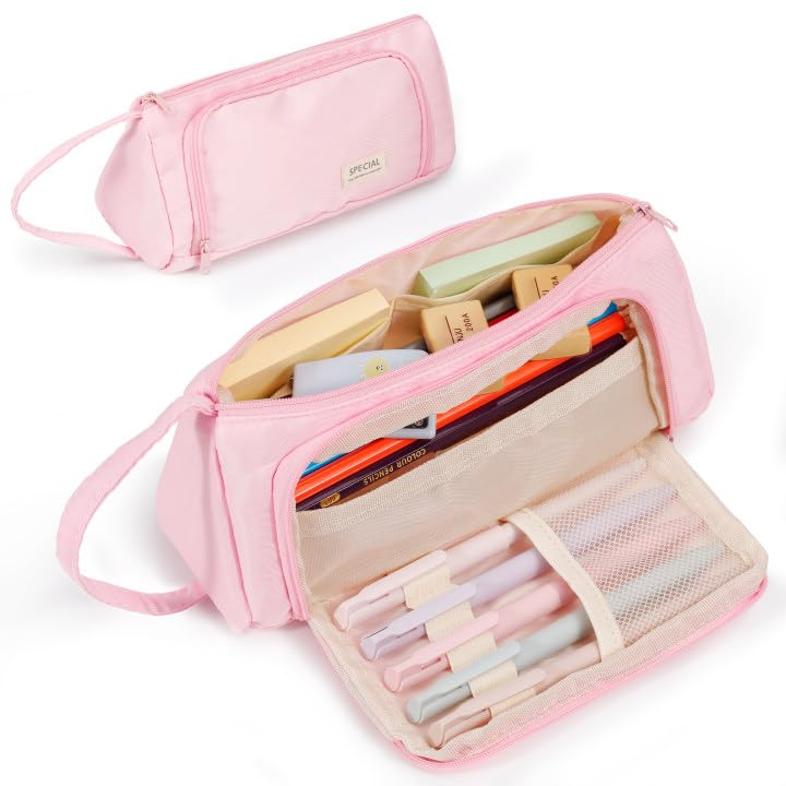Photo 1 of Zzrywuty Large Capacity Pencil Pouch Wide Opening Portable School Pencil Case for Women & Men,Adults Pencil Bag with Zipper for College Office Travel (Pink)