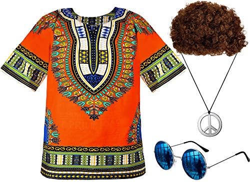 Disfraz Hippie De 9 Piezas Para Hombre – Peluca Rubia, Gafas De Sol, Collar De La Paz Y Bigote Postizo, Ideal Para Fiestas Retro Y Halloween