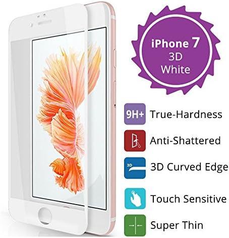iPhone 7 - Full-Curved 3D TEMPERED GLASS 9H-Strength Rated Best Screen Protector for Apple iPhone7 - Full Coverage Edge-to-Edge 3D Real-Curved Edge - 9H Hardness + Easy Installation [WHITE]
