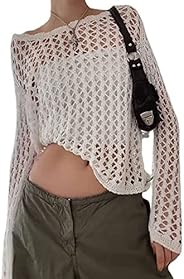 ABYOVRT Women Knit Crochet Hollow Out Fishnet Top Long Sleeve See Through Mesh Shirt Sexy Club Streetwear