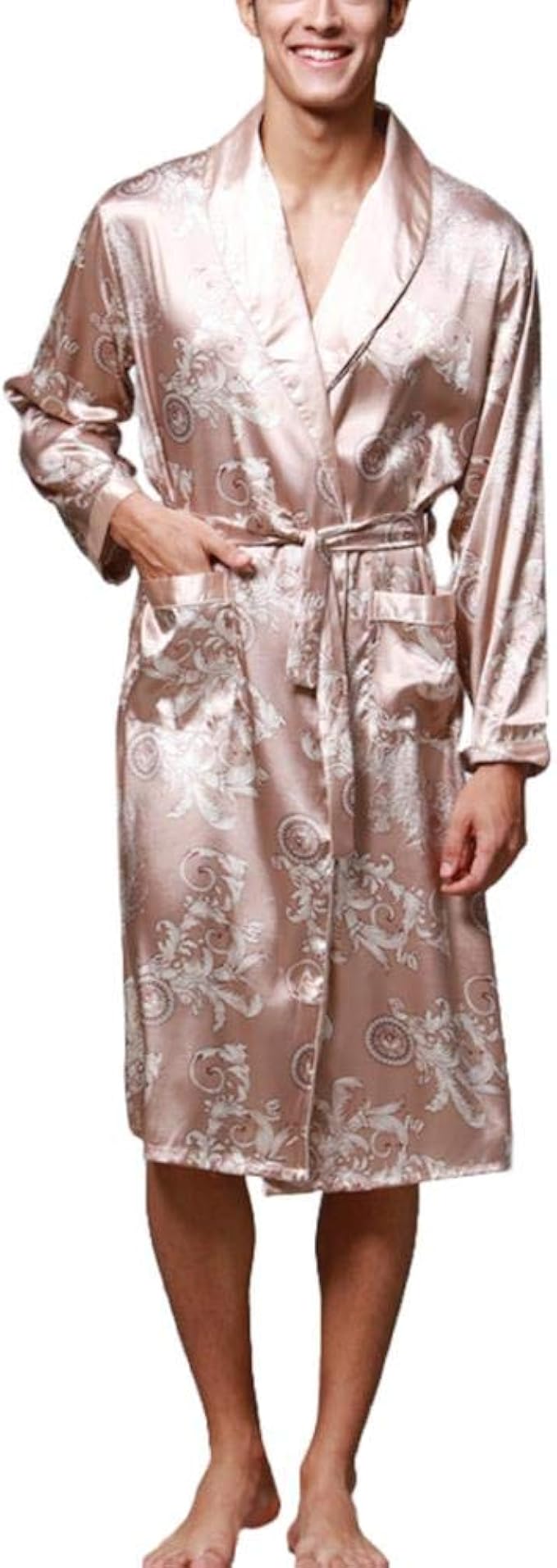 Amazon Pugrwei バスローブ メンズ 男性用バスローブ ガウンバスローブ 前開きローブ 浴衣式 ワンピース 薄手 サテン生地 シルクの ような肌触り ロング丈 着物 パジャマ ルームウェア 部屋着 ゆったり おしゃれ 派手 春 夏 秋 パジャマ 通販