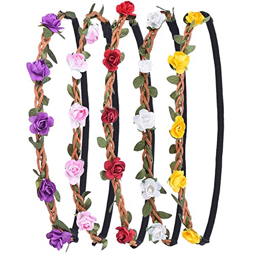 eBoot Flower Headband Crown with Elastic Ribbon for Women Girls, 5 Pieces