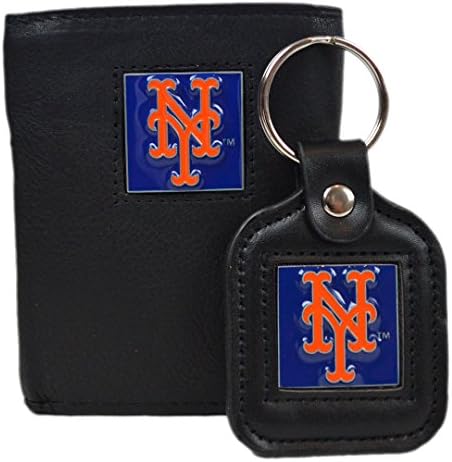 Official Major League Baseball Fan Shop Authentic Genuine Leather MLB Trifold Wallet and Key Chain Bundled Set (New York Mets)