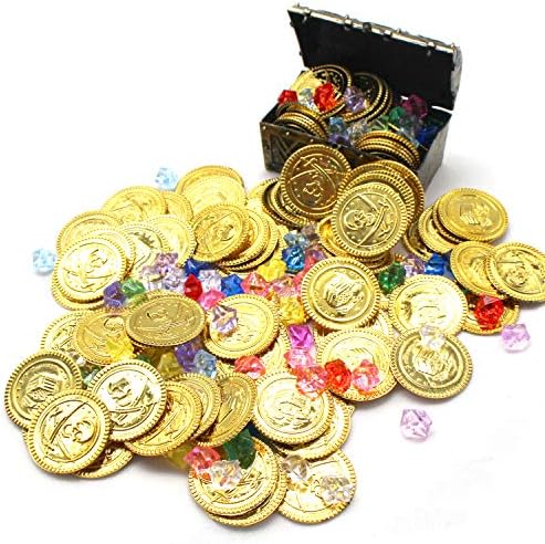 LAOZHOU Mini Pirate Treasure Chest Box with 100 Pirate Gold Coins, 80 Pieces Pirate Acrylic Diamonds Treasure Jewels Games Set for Play Favor Party Supplies