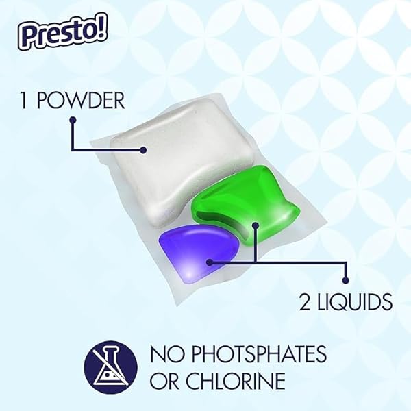 AMAZON BRAND – PRESTO! TRIPLE ACTION DISHWASHER PACS, ANTI-SPOTTING, FRESH SCENT, NO PHOSPHATES OR CHLORINE, 70 COUNT