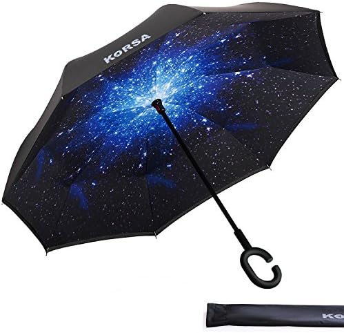 Korsa Unisex Inverted Umbrella - Double-Layer Self-Standing Reverse Folding Umbrella with C-Shaped Handle, Protect You from UV Ray, Rain, and Sun, Comes with Carrying Sleeve, Multiple Color Choices