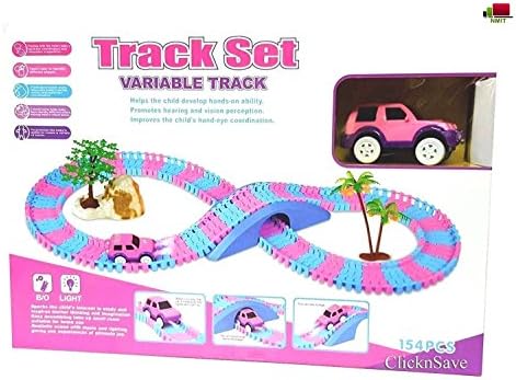NMIT® Children Kids Fun Car Pink Flexible Variable Track Set 154 Pcs Racing Game Set Led Light Sound Battery Operated