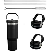 2Pack Replacement Tumbler Lid for Stanley IceFlow 30 oz(Only) Flip Straw Lid, with 2Pcs Reusable Straws,1Pcs Cleaning Brush (Black)