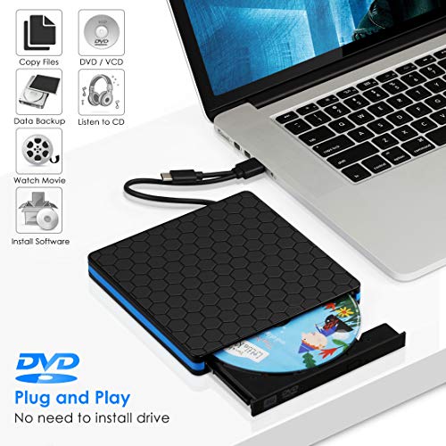 Kingbox External DVD Drive, Portable USB 3.0 Type-C CD/DVD Writer Drive for Laptop Desktop PC Computer Windows Linux OS Apple Mac MacBook Pro Air iMac - High Speed Data Transfer - Black - Thumbnail 2