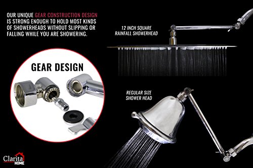 Adjustable Shower Arm Extension 10" Long - Stainless Steel Chrome Finish - The Only Arm Designed With a GEAR JOINT That Won't Slip! Our Long Shower Extender Pipe Can Hold A Rainfall Shower Head System - Thumbnail 3