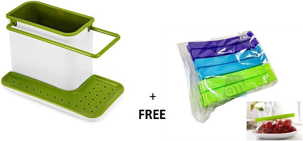 Gade Kitchen Sink Organizer for Dishwasher Liquid, Brush, Cloth, Soap, Sponge etc + Free Plastic Bag Pouch Clip Sealer for Food/Snack, 18 pcs, Multicolor
